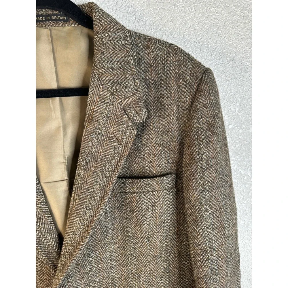 Harris Tweed Men's Brown Herringbone Tweed Suede Patch 100% Wool Blazer Jacket L
